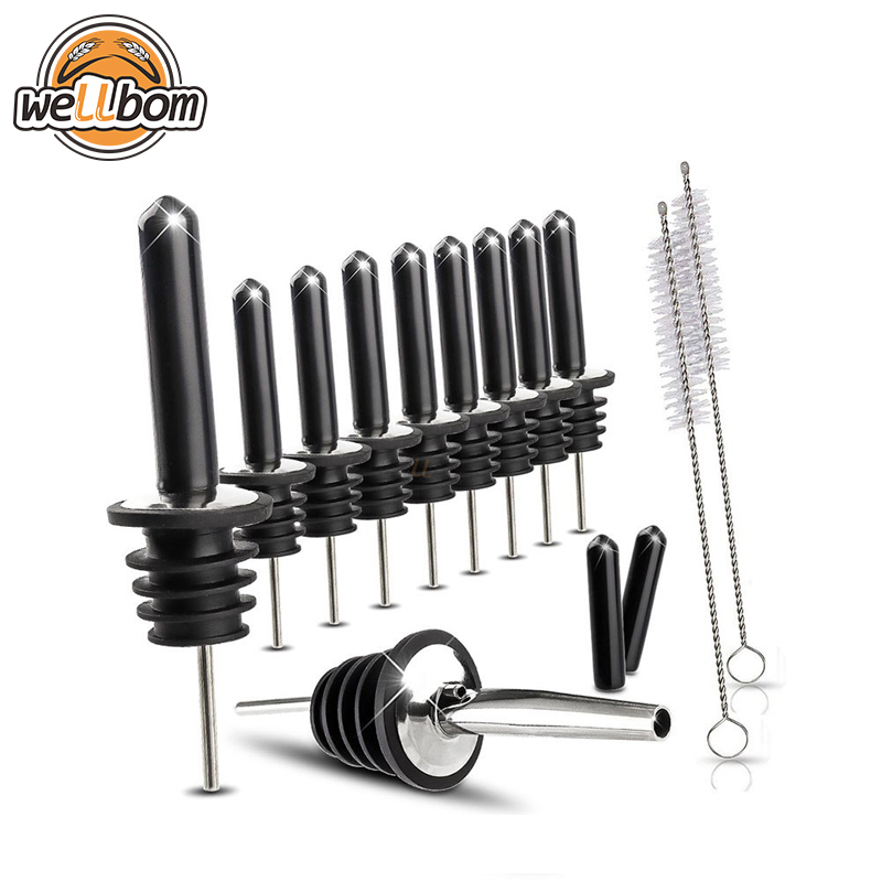 Stainless Steel Liquor Spirit Pourer Flow Wine Bar Oil Speed Pourer with Cleaning Brush and 12 Long Dust caps
